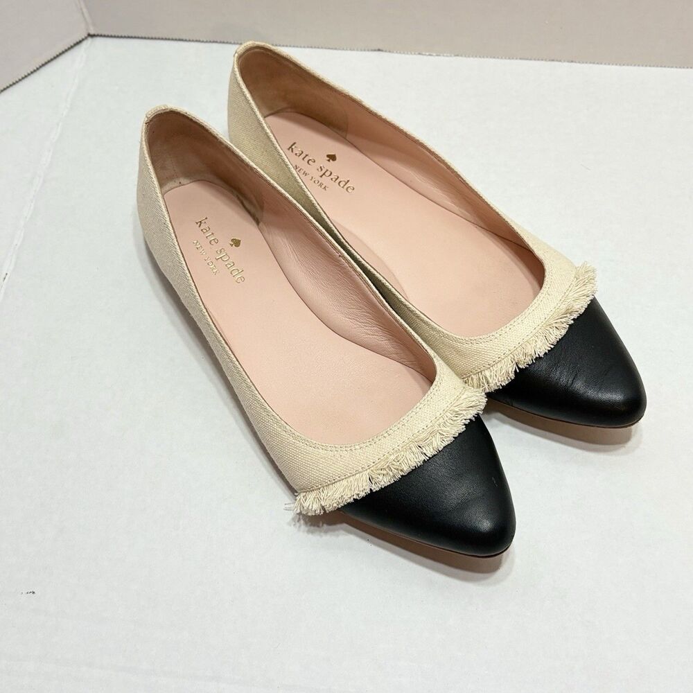 Kate Spade Nelly Canvas Cap Toe Pointed Ballet Flats Beige Black Fringe Sz 8M